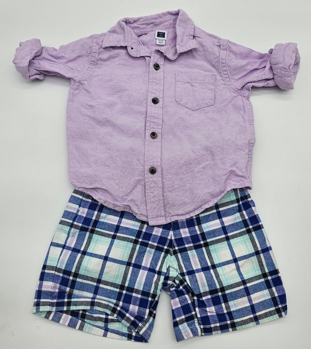 Janie and Jack Boys Size 6-12M 3 Piece Purple Button-down and Plaid Shorts Lot